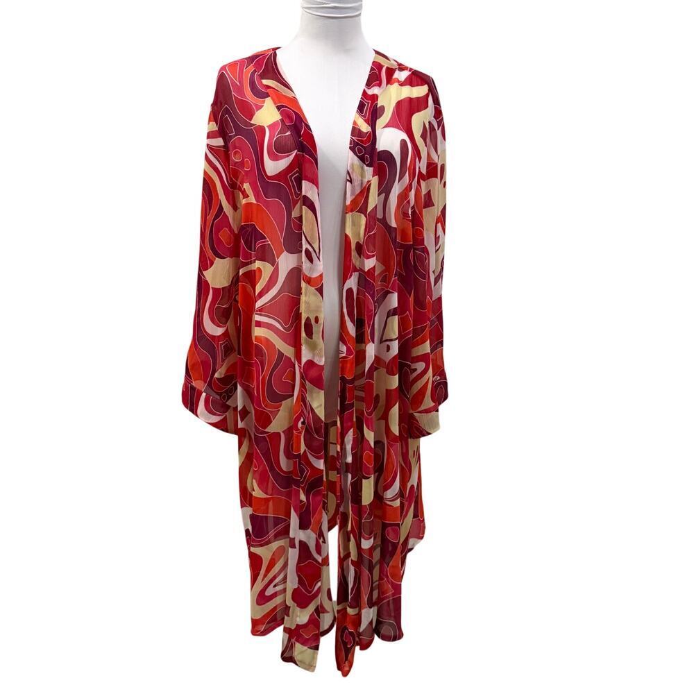Sami Lucci Sheer Kimono Cover Up Abstract Print Duster Beach Resort Vacation XL